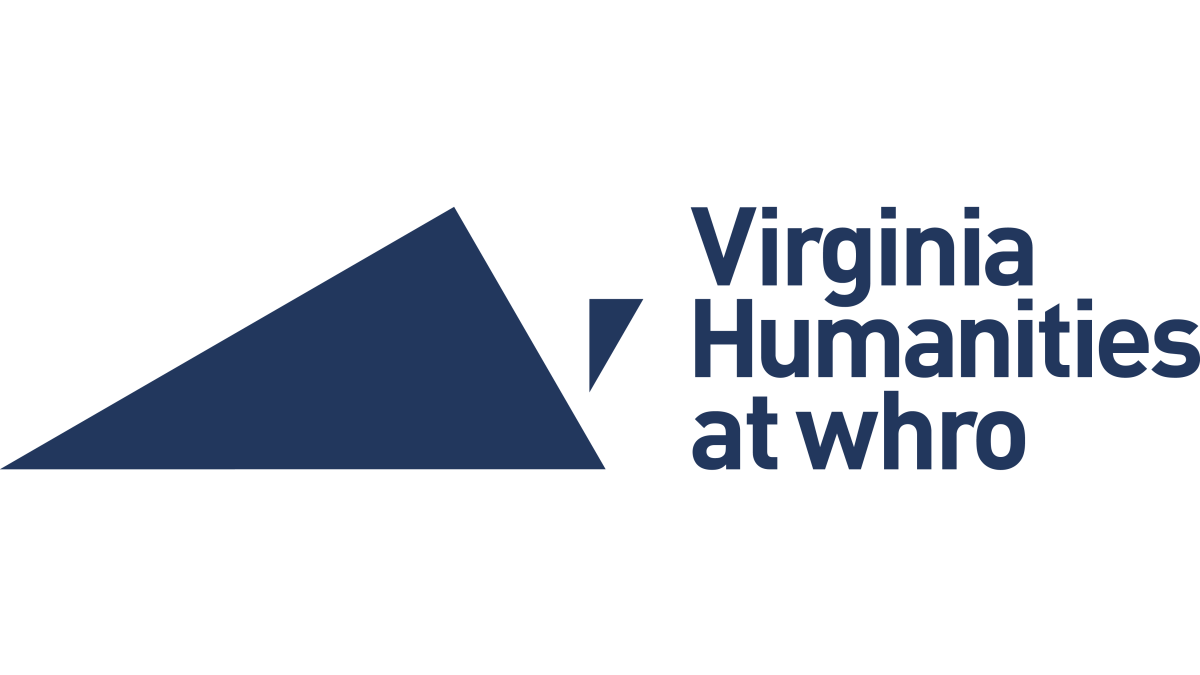 Virginia Humanities logo with triangle and blue text on black background