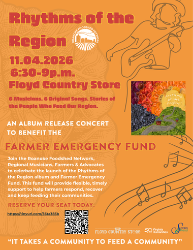 Rhythms of the Region benefit concert poster with musicians and food